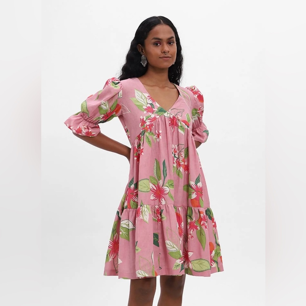 Bombay Paisley Floral Cotton Blend V Neck Short Puff Sleeves Dress Size XL